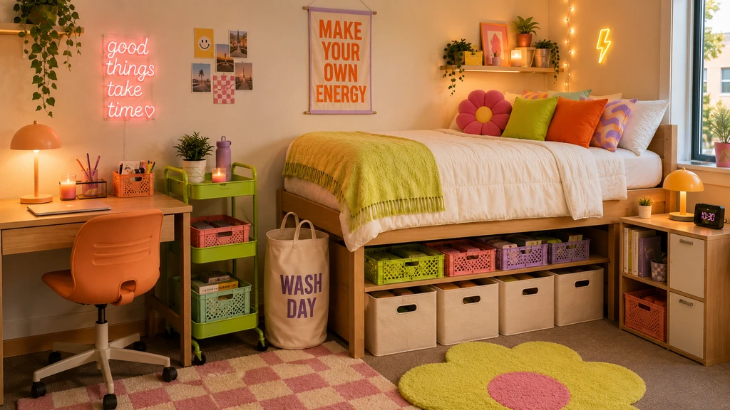 Organized Gen Z dorm room features a soft color palette, matched bedding, black accent decor, and rental-friendly solutions for making budget dorm rooms look expensive.