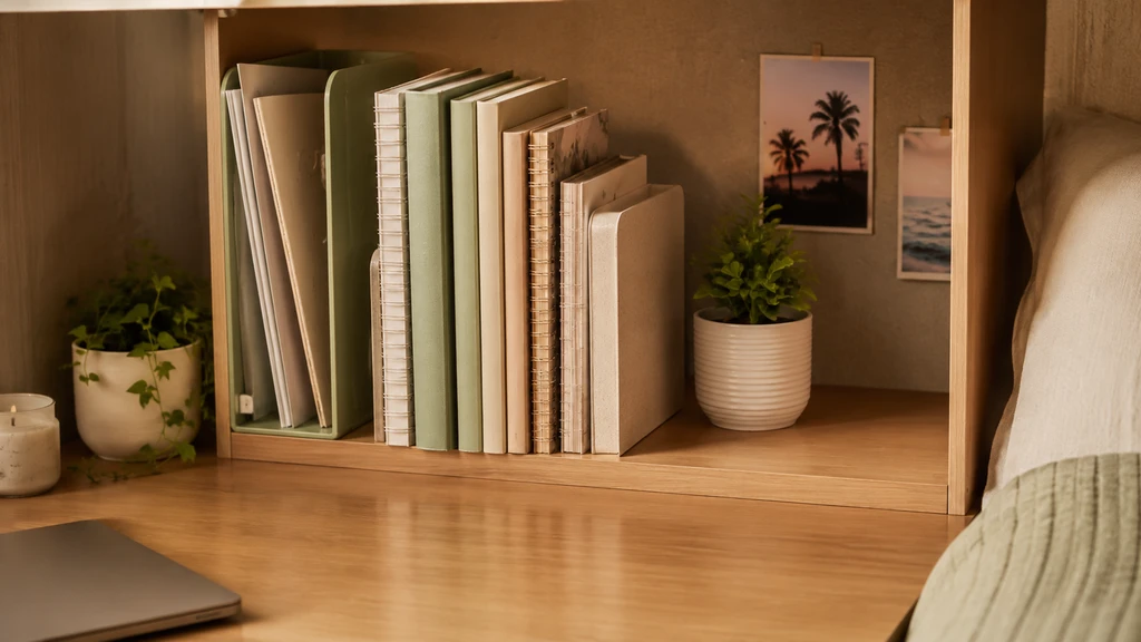 Photorealistic small dorm desk with upright textbooks, bookends, a file holder, and minimal clutter—showing how to organize a dorm desk that fits small rooms.