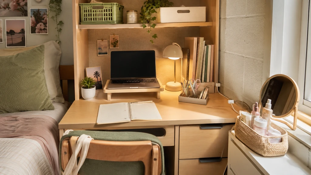 Efficiently organized small dorm desk setup in a tight student room, compact furniture and perfectly sized organizers optimized for smart storage and study.