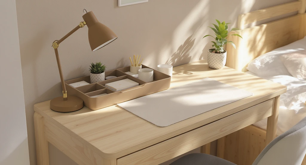Organized small dorm desk perfectly arranged for tight spaces, featuring a single tray, matching lamp, and one personal item with tips for arranging furniture.