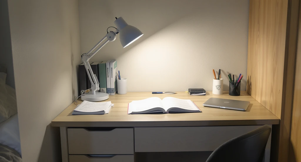 How to organize a dorm desk that fits small rooms: Desk with a clip-on lamp placed on the left, ideal for right-handed students organizing a small dorm space.