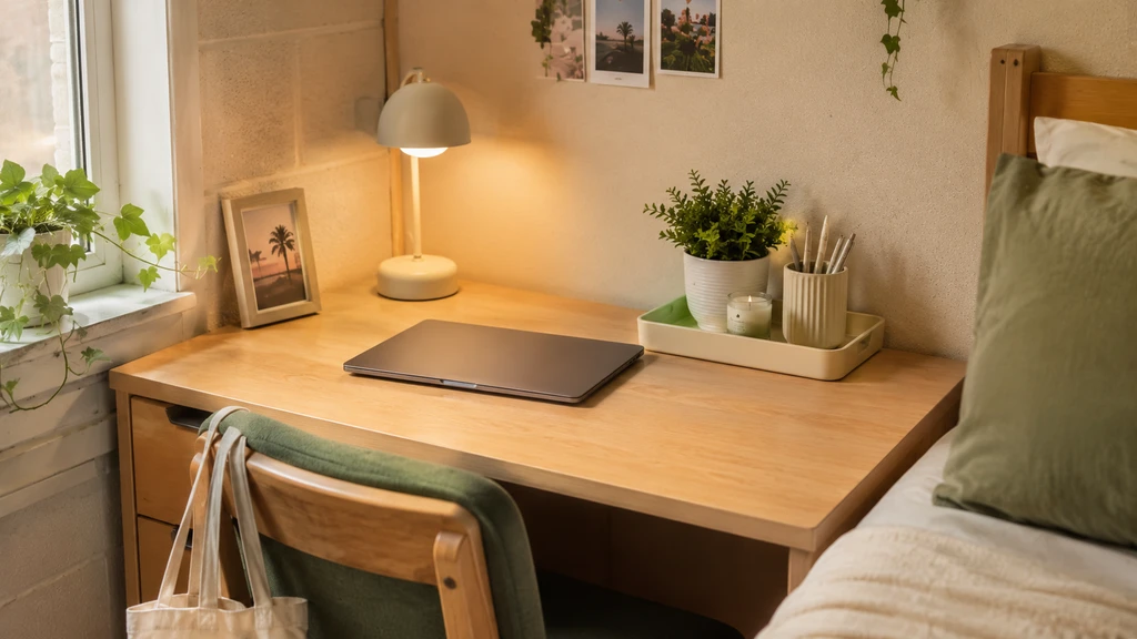 Photorealistic image showing a small dorm desk organized for studying with a clear center, demonstrating how to organize a dorm desk that fits small rooms, choosing the right size desk for dorms, and practical tips for arranging furniture in tight dorm spaces.