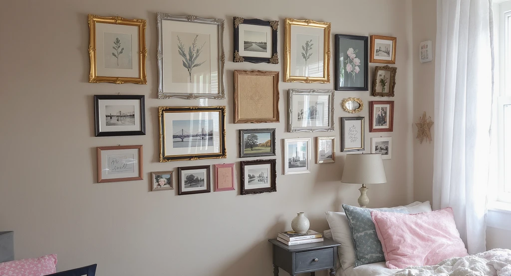 A dorm room gallery wall displays thrifted frames with vintage art, postcards, and personal photos above a small secondhand table with books and lamp.