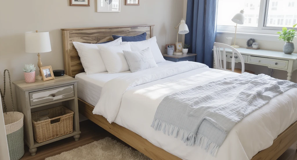 Realistic dorm room with new bedding, pillows, towels, and mattress topper paired with thrifted furniture, showing how to avoid oversized thrift finds.