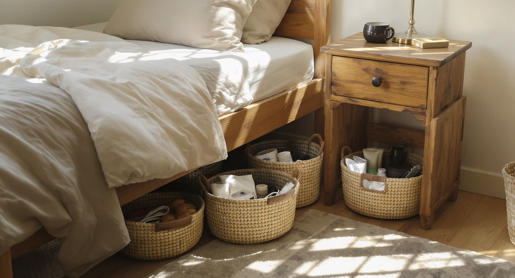 A modern dorm room with thrifted woven baskets and a wooden crate instead of plastic bins, storing snacks, cords, and toiletries under a single bed. Room fits small spaces, mixing old and new dorm decor, and features furniture measured to avoid oversized thrift store purchases.
