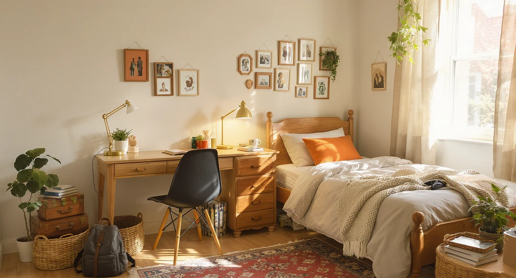 Realistic dorm room scene with thrifted furniture that fits: a small vintage desk, cozy patterned armchair, layered bedding, and a curated mix of old and new decor.