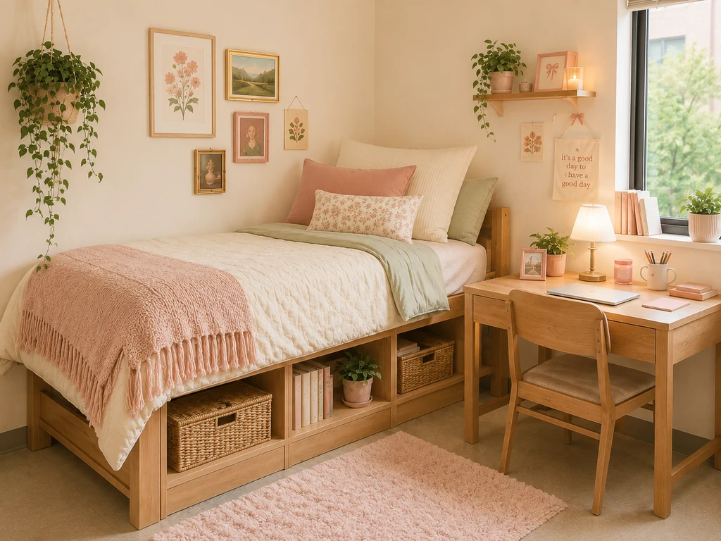 Thrifted dorm room with statement furniture fit for small spaces: vintage desk, modern chair, cozy armchair, colorful quilt, patterned rug, and mixed old and new decor.