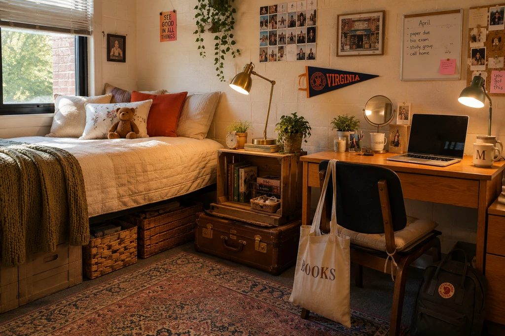 Small thrifted dorm room bedside setup with compact wooden crates, vintage lamp, and suitcase storage, mixing old and new decor for small spaces.