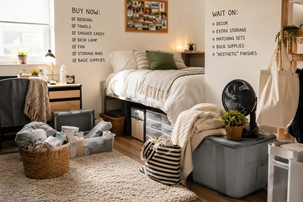 Realistic dorm room setup showing only the best dorm room furniture for limited space—no couch, just essentials like a raised bed, desk, compact storage ottoman, small rug, and smart storage bins to help avoid buying unnecessary dorm furniture and minimize common regrets when outfitting a college dorm.