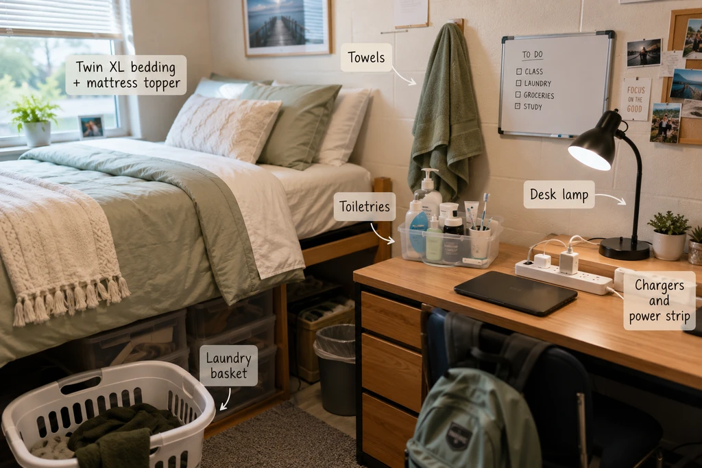 Small dorm room with only essential furniture—Twin XL bed, bedding, laundry basket, towels, toiletries, desk lamp, and chargers. Shows how to avoid buying unnecessary dorm furniture and what fits best in a limited space.