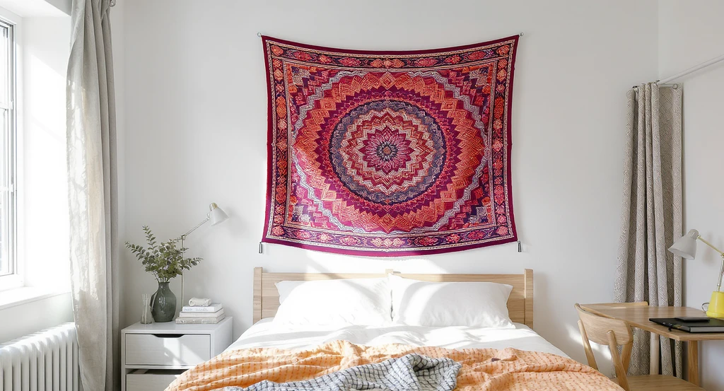 Photo-realistic dorm room featuring a colorful tapestry hung with Command Hooks and a fabric on a tension rod, showcasing ai tools for decorating dorm walls without damage and ai interior design for rental spaces.