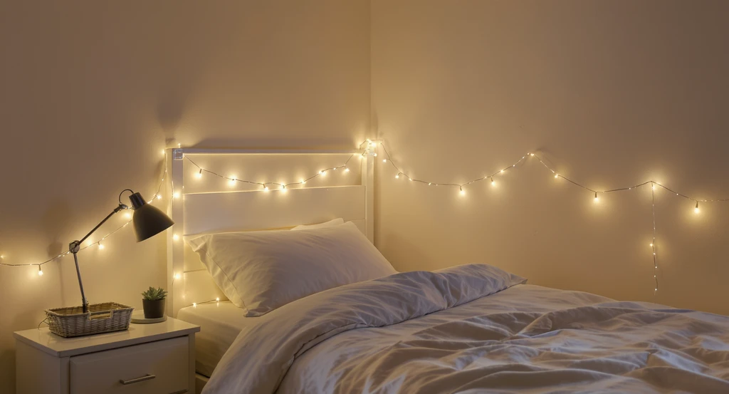 A modern dorm room corner with string fairy lights and LED lights attached with clear removable clips, showcasing AI tools for decorating dorm walls without damage, virtual staging AI for small rooms, and rental-friendly interior design solutions.