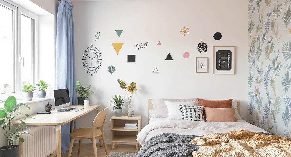 Peel-and-stick decals and removable wallpaper transform a modern dorm wall, illustrated by ai tools for decorating dorm walls without damage and ai interior design solutions for rental spaces, while virtual staging ai for small rooms showcases a realistic room makeover with no visible damage.
