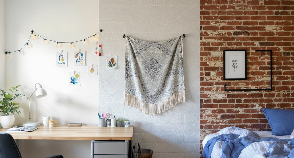 Photorealistic dorm room wall showing painted drywall with Command Strips and posters, cinderblock with tapestry on tension rod, and brick with leaning decor—using ai tools for decorating dorm walls without damage and virtual staging ai for small rooms.