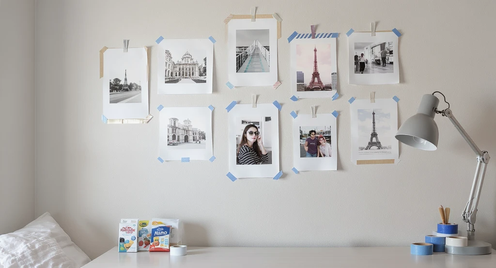 Photorealistic dorm room wall decorated with posters and photos using washi tape, Command Strips, and painter's tape—no wall damage visible. Showcases ai tools for decorating dorm walls without damage, ai interior design solutions for rental spaces, and virtual staging ai for small rooms.