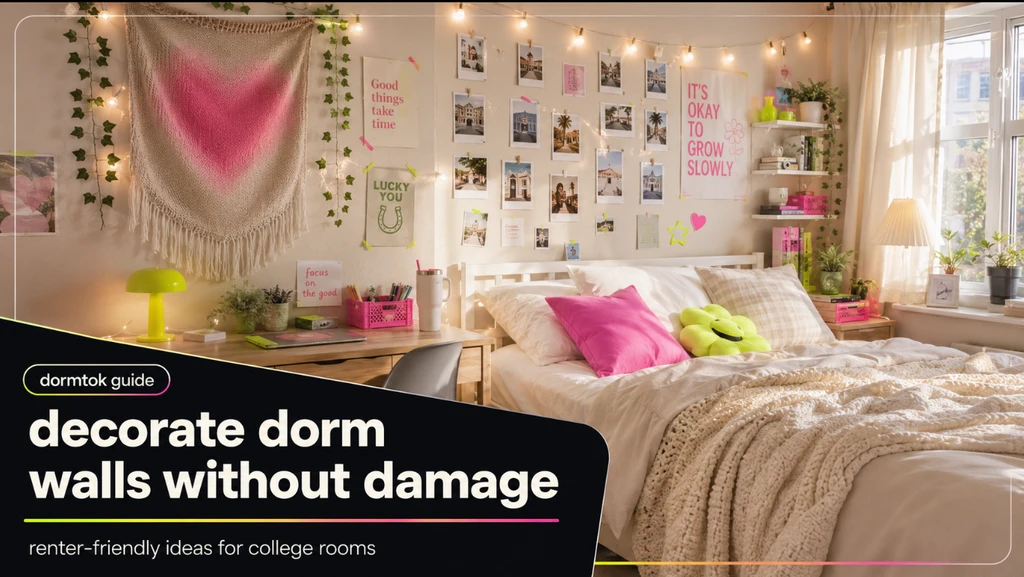 Photorealistic dorm room walls decorated using removable fabric tapestries, washi tape photos, peel-and-stick wallpaper, and AI-designed wall decor, showcasing how ai tools for decorating dorm walls without damage help students create stylish, rental-friendly spaces.