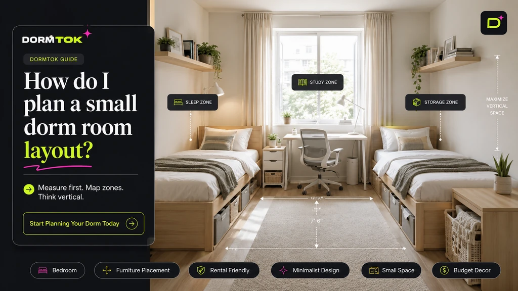 Photorealistic small college dorm room showing best furniture arrangement for tiny dorms, with creative storage solutions using vertical space and shared layout tips for roommates.
