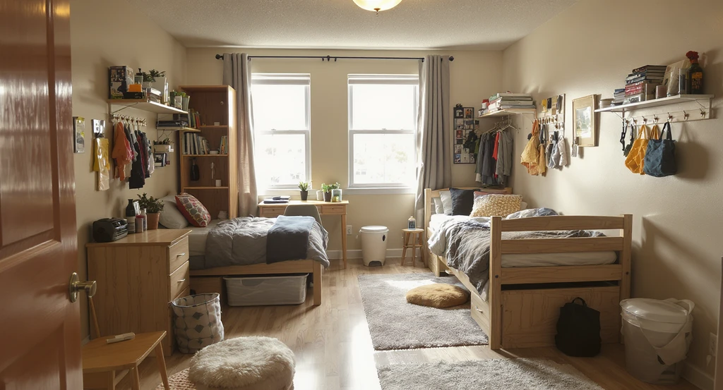 How to plan a small dorm room layout with best furniture arrangement for tiny dorms, creative storage solutions, and clear walking paths visible. Shared dorm room layout tips for roommates and using vertical space in college dorms shown in a highly realistic scene.