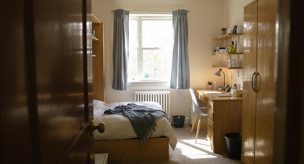 Editorial photo of a small dorm room showing a built-in desk, Twin XL bed, wooden wardrobe, radiator, and outlets—ideal for how to plan a small dorm room layout, best furniture arrangement for tiny dorms, and creative storage solutions for small dorm rooms.