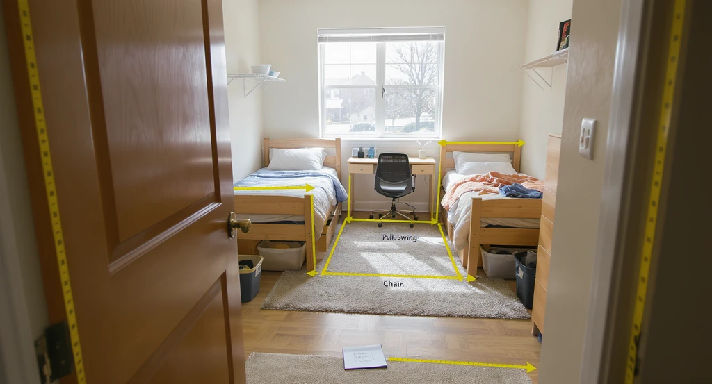 How to plan a small dorm room layout using precise measurements for the best furniture arrangement and creative storage solutions in a shared college dorm; shows detailed measuring process, furniture spacing, vertical shelving, and organized under-bed storage.