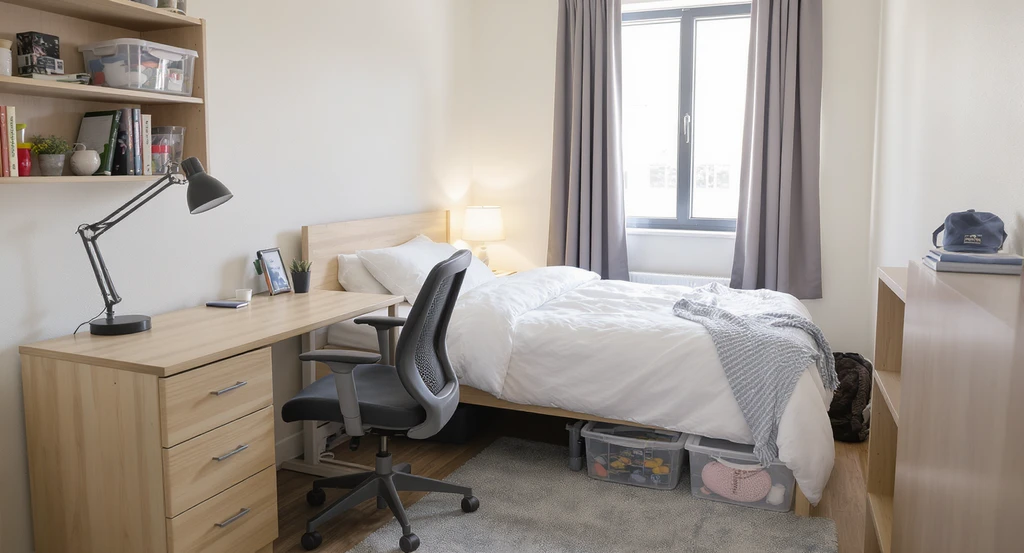 A realistic small dorm room layout focusing on best furniture arrangement, creative storage solutions, and vertical space for roommates.