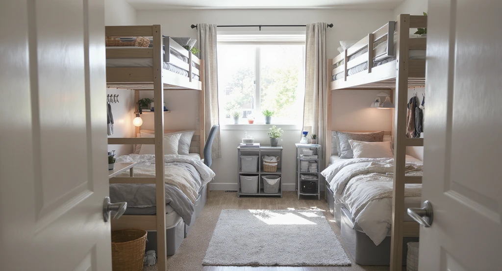 Photorealistic dorm room showing best furniture arrangement for tiny dorms, creative storage solutions, and vertical space use for planning a small dorm room layout.