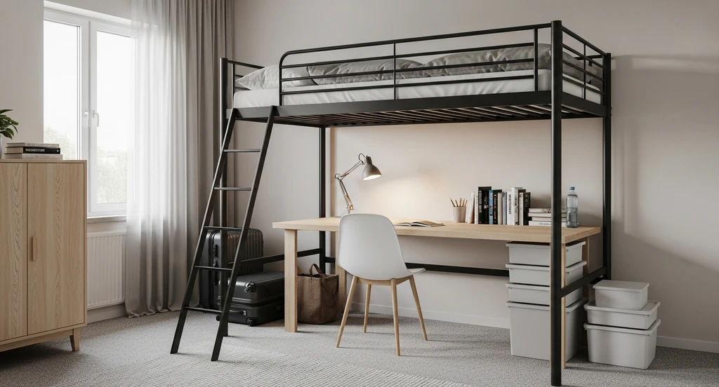 Photorealistic dorm room with a lofted bed, organized under-bed storage, study nook, and smart vertical storage solutions for small bedrooms.