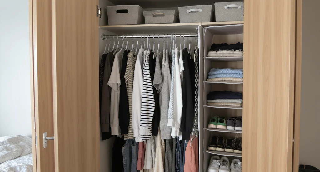 Small dorm closet organized with double rods, velvet hangers, and hanging shelf organizers to maximize space—ideal vertical storage for tiny dorm rooms and organizing a closet with limited space.