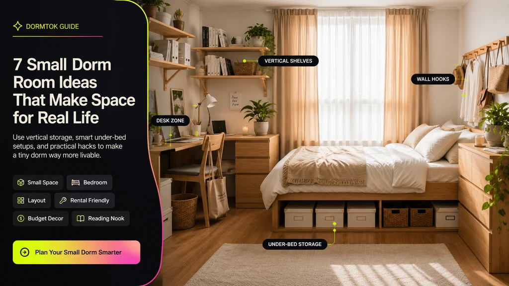 Ultra-realistic dorm room showing how to maximize space in a tiny dorm, featuring vertical storage solutions, under-bed storage bins, an organized closet with fabric shelves and bins, and a desk area showcasing desk organization hacks for students in small bedrooms.