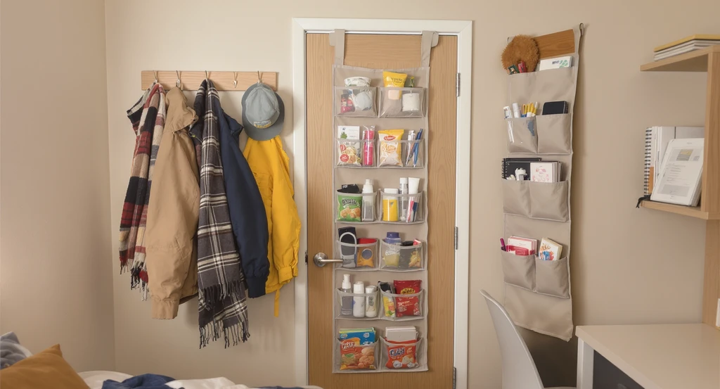 Photorealistic dorm room with Command hooks, an over-the-door shoe organizer storing snacks and toiletries, and tall removable wall organizers as vertical storage solutions in a tiny space.