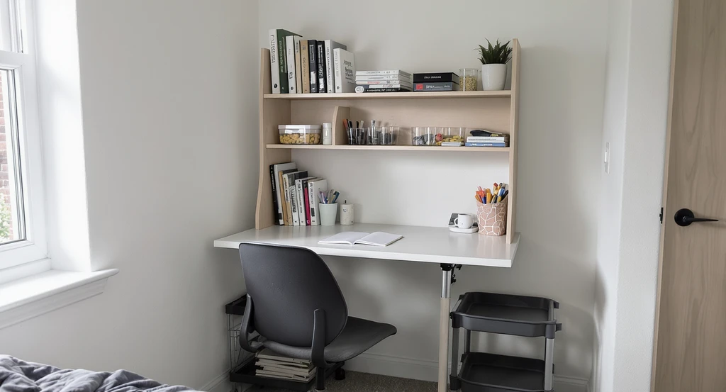 Dorm desk organization hacks for students: a minimalist dorm room study nook with vertical storage solutions, including desk hutch, file holders, acrylic organizers, and portable rolling cart, show how to maximize space in a tiny dorm room.