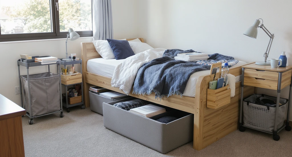 Modern tiny dorm room with space-saving furniture: storage ottoman, rolling cart, folding hamper, clip-on caddy, and under-bed storage bins to maximize space and provide vertical storage solutions for small bedrooms.