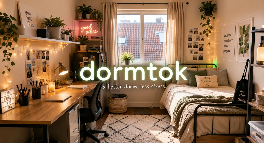 Realistic college dorm room with essential decor, sustainable storage, and minimal clutter, illustrating how to budget for dorm decor and avoid dorm shopping waste.