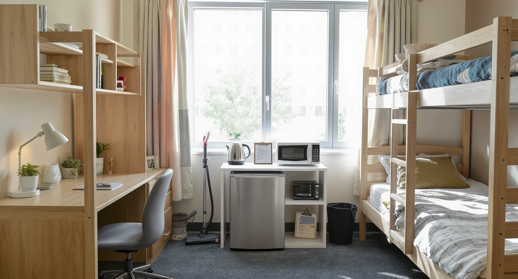 Editorial photo of a shared dorm room showing split-cost items like a single fridge, microwave, and vacuum to illustrate how to budget for dorm decor, avoid dorm shopping waste, and split dorm expenses with roommates.