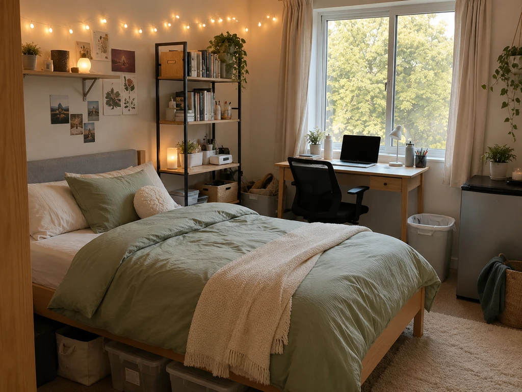 Minimalist dorm room setup with budget essentials, showing how to budget for dorm decor and avoid dorm shopping waste with sustainable college choices.