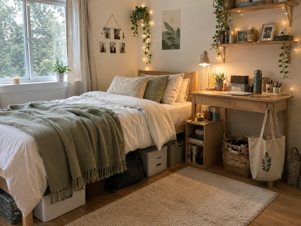 A realistic dorm room with upgraded bedding, organized storage bins, laundry basket, desk with study gear, and thrifted decor, illustrating how to budget for dorm decor and sustainable decorating tips for college students.
