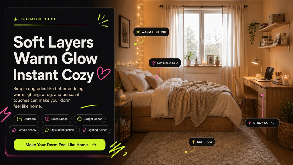 A photorealistic dorm room setup with cozy bedding, string lights, a desk, cozy rug, and subtle decor, showcasing ai dorm room makeover ideas and how to visualize a cozy dorm space with AI.