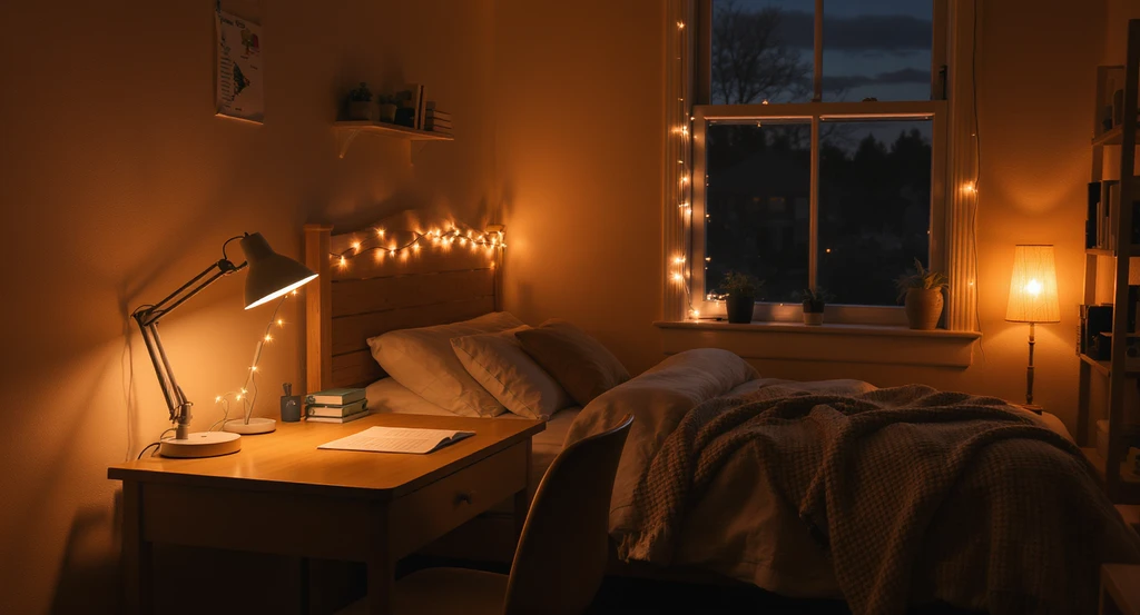 Cozy dorm room with string lights, desk and bed lamps, and a corner floor lamp, illustrating ai dorm room makeover ideas for student spaces.