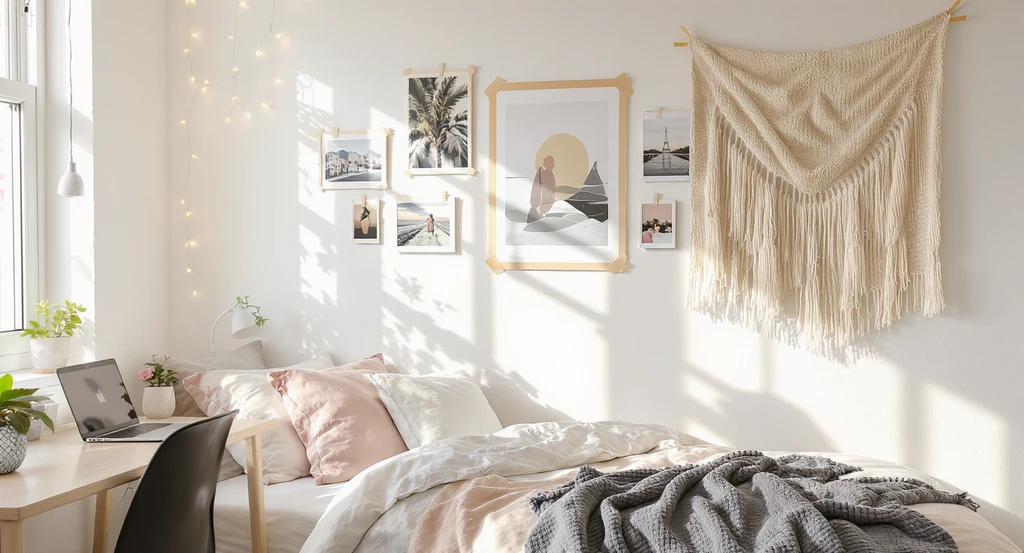Photorealistic cozy dorm room with a personalized gallery wall using washi tape, Command hooks, and a tapestry—ideal for ai dorm room makeover ideas and virtual design.