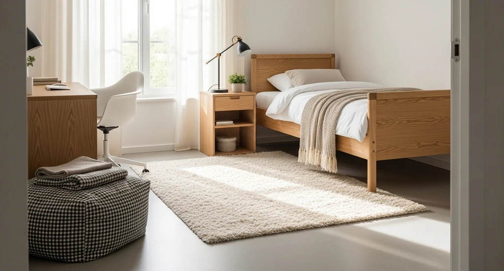 Photorealistic dorm room with a twin bed, neutral bedding, and a soft, light-colored rug on linoleum—perfect for ai dorm room makeover ideas and virtual dorm room design tools, showcasing how to visualize cozy dorm space with ai.