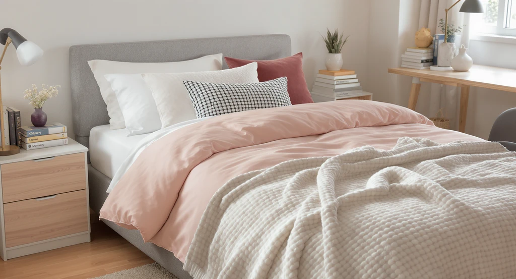 Photorealistic dorm bed with Twin XL cozy bedding, pillows, chunky throw, and mattress topper, as visualized by top ai dorm room makeover ideas and virtual dorm room design tools.