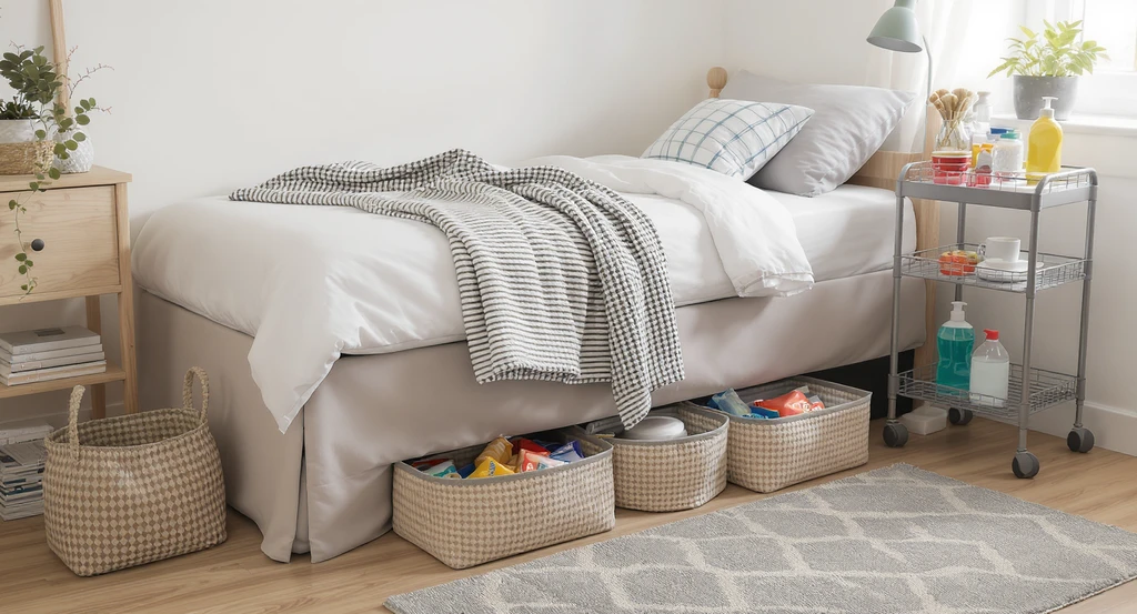 Photorealistic dorm room using ai dorm room makeover ideas, with bed skirt, concealed underbed storage bins, rolling cart stashing snacks, and clutter hidden—showcasing how to visualize cozy dorm space with ai for students.