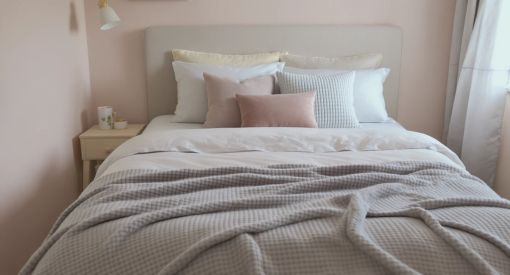 AI dorm room design ideas for students: a neatly layered neutral bed with textured throw, accent pillows, and a faux headboard, ideal for budget dorm decor using ai visualization tools.