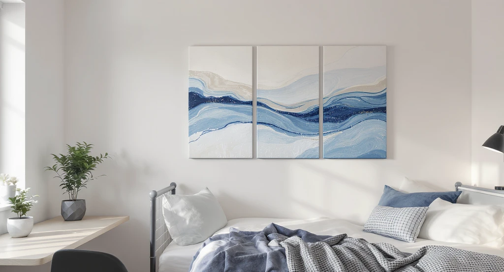 Modern dorm room with oversized split-panel canvas wall art above the bed, showcasing ai dorm room design ideas for students and budget-friendly decor upgrades using ai-generated mood boards for small spaces.