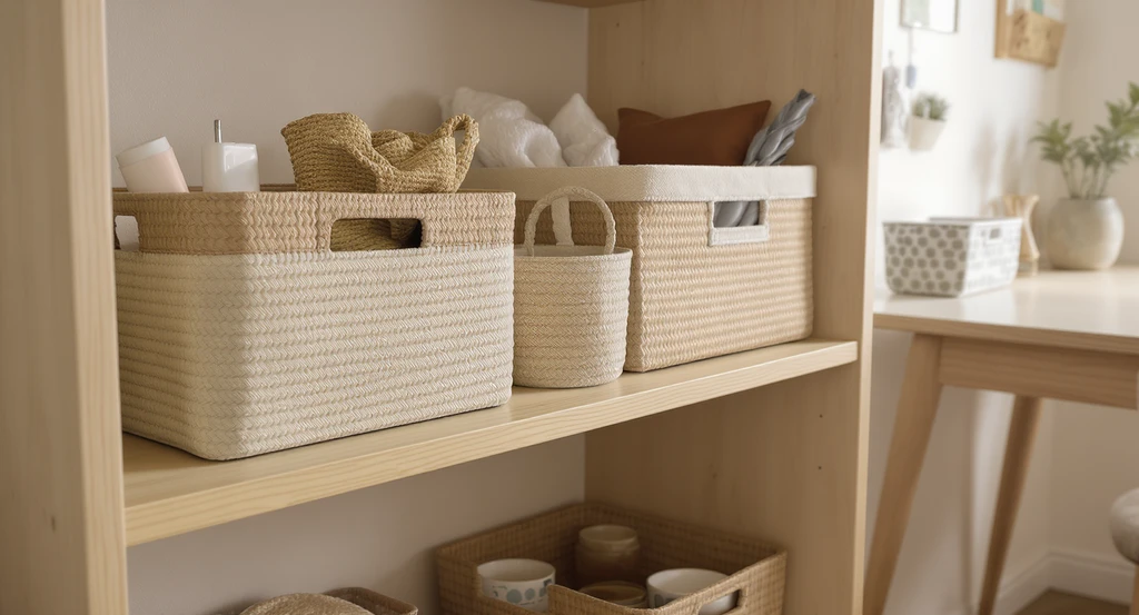 Neatly organized dorm storage corner featuring woven baskets, canvas boxes, and ceramic trays—showcasing ai dorm room design ideas for students and how to use ai for budget dorm decor.