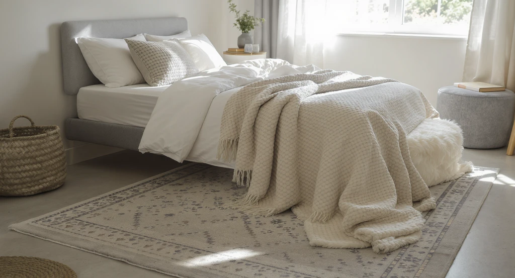 Dorm room decorated with layered textures—crisp white bedding, knit blanket, soft rugs over linoleum, woven basket, storage ottoman—demonstrating ai dorm room design ideas for students and ai-generated mood boards for small spaces.
