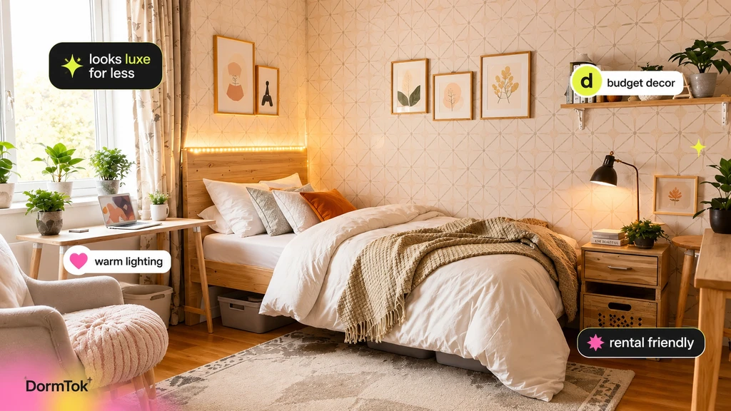 Budget-friendly dorm room with layered bedding, removable wallpaper, DIY art, LED lights, organized desk setup, and plants, showing ai dorm room design ideas for students and how to use ai for budget dorm decor.