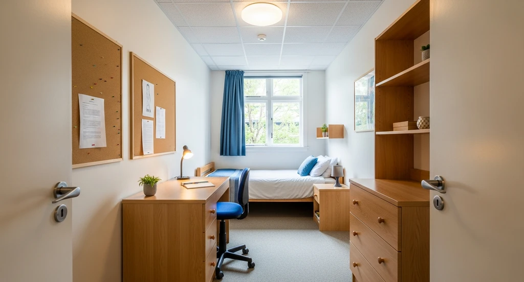 Editorial photo of a plain college dorm room before decorating—blank walls, overhead lights, basic furniture, and a visible mini fridge. Uses ai dorm room design ideas and best ai tools for small space design.