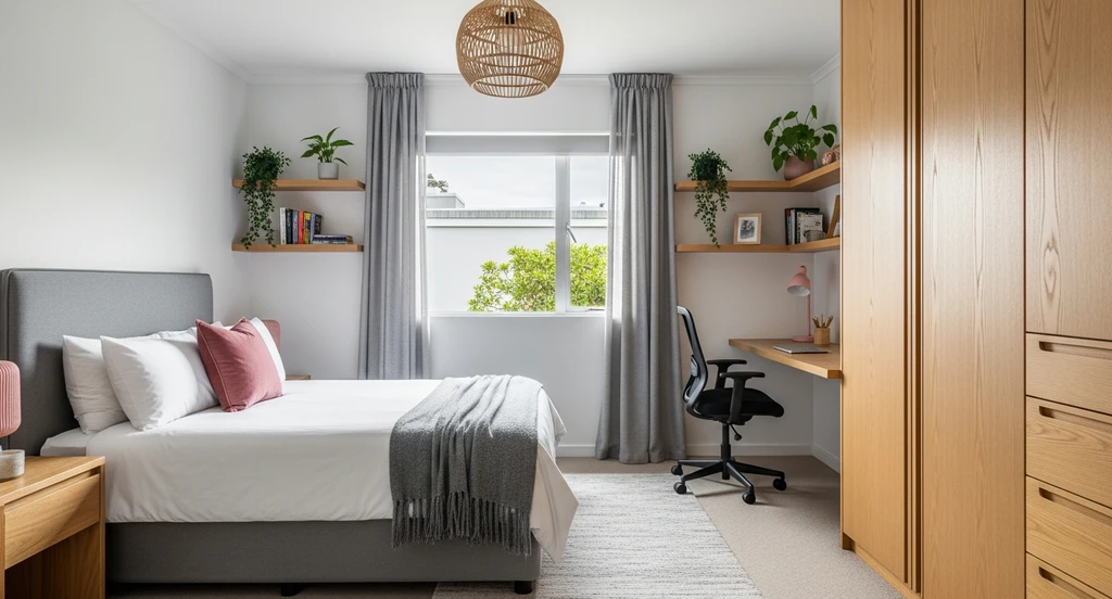 Editorial ai dorm room design ideas for a cozy, clutter-free layout: bed and fridge pushed to walls, desk repositioned, virtual staging of art and plants, best ai tools for small space design.