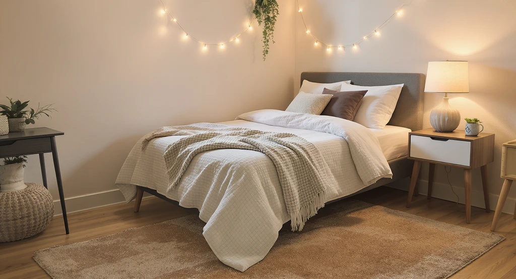 Editorial photo of a cozy dorm room designed with ai dorm room design ideas, showing soft bedding, decorative pillows, plush rug, and inviting warm lighting for how to visualize cozy dorm layouts with ai and best ai tools for small space design.